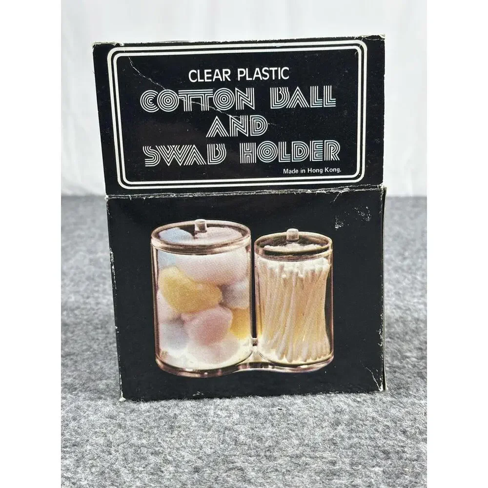 NEW Vintage Cotton‎ Ball & Swab QTip Holder Clear Plastic Lid Home Office NIB